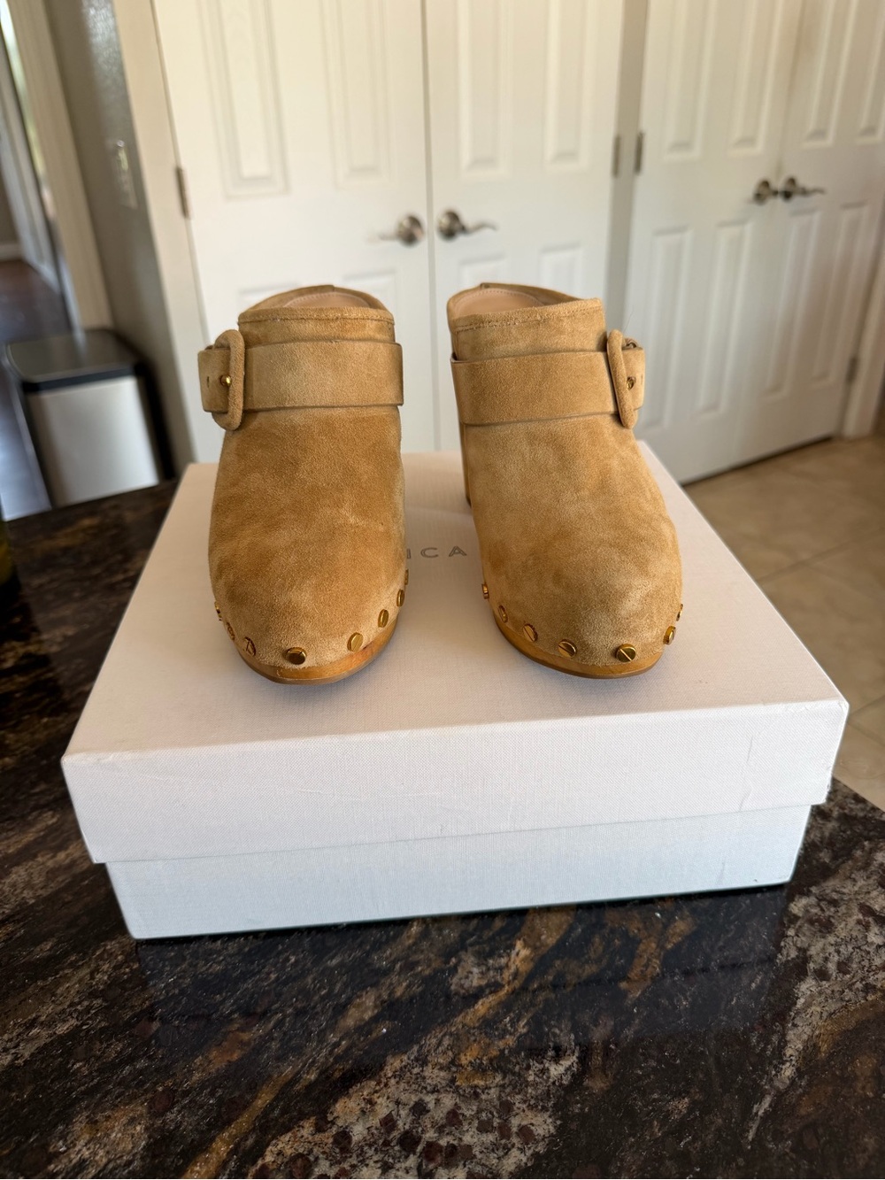 Veronica Beard Tan Suede Studded Buckle Clog Mules